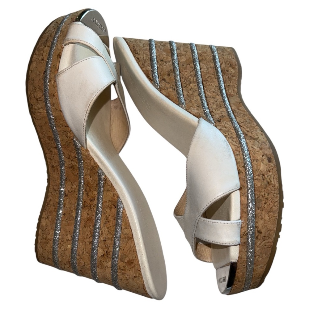 Jimmy Choo White Platform Wedge Sandals Mules Silver‎ Glitter Cork Size 39.5